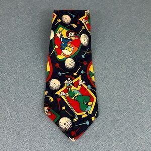 Disney Mickey Inc Silk Vintage Goofy Donald Duck Golf Print Tie